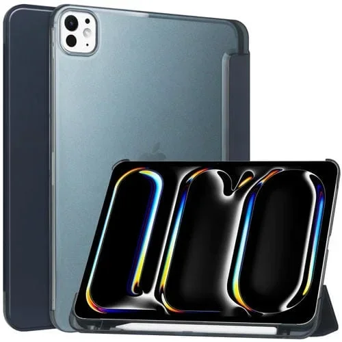 Funda para Tableta iPad Pro 13 2024 Cuero Inteligente Esmerilado SemiTransparente 3 Pliegues (Azul Oscuro)