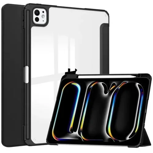 Funda para Tableta iPad Pro 13 2024 Cuero Inteligente TPU Transparente 3 Pliegues (Negro)