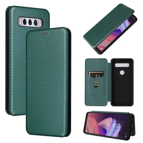 Funda para TCL 10 Se Carbon Texture magnética coche con ranura para tarjeta (Verde)