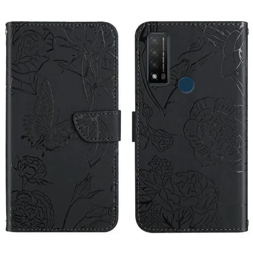 Funda para TCL 20 R 5G piel con relieve mariposa y peonía cuero (Negro)