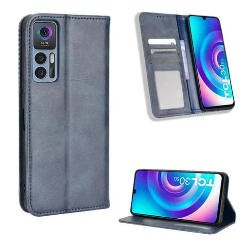 Funda para TCL 30 5G y 30+ de Cuero Textura Retro con Hebilla Magnética (Azul)