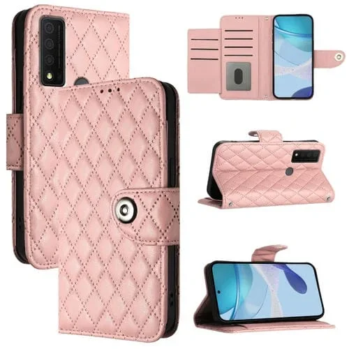 Funda para TCL 30 Xe 5G de Cuero con Tapa, Textura Romboidal y Cordón (Rosa Coral)
