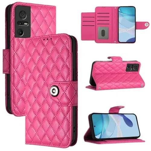Funda para TCL 40 SE de Cuero con Tapa, Textura Rómbica y Cordón (Rojo Rosa)