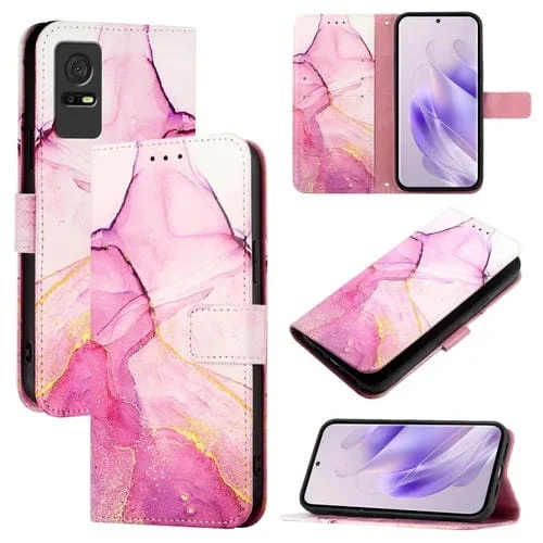 Funda para TCL 405/406/408 Pt003 Cuero con Tapa y Patrón de Mármol (Rosa, Morado y Dorado)