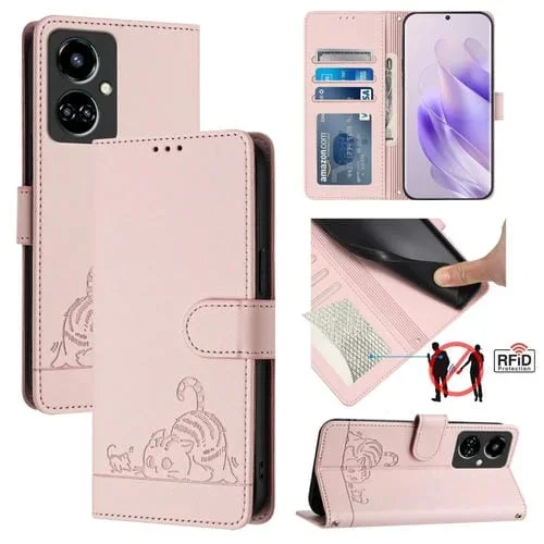 Funda para Tecno Camon 19 Cat Rat de Cuero con Protección RFID y Cordón (Rosa)