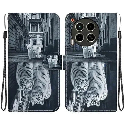 Funda para Tecno Camon 30 4G / 30 5G Cl6 Cl7 de Cuero con Dibujo y Textura Cristal (Reflejo Tigre Gato)