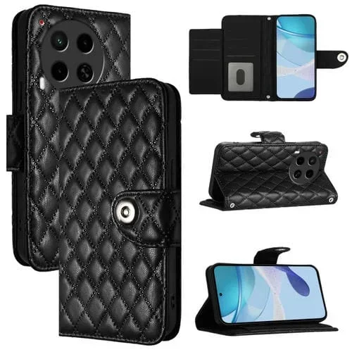 Funda para Tecno Camon 30 5G / 4G con Tapa de Cuero, Textura Rómbica y Cordón (Negro)