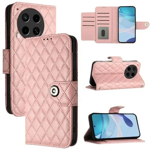 Funda para Tecno Camon 30 5G 4G con Tapa de Cuero Textura Rómbica y Cordón (Rosa Coral)