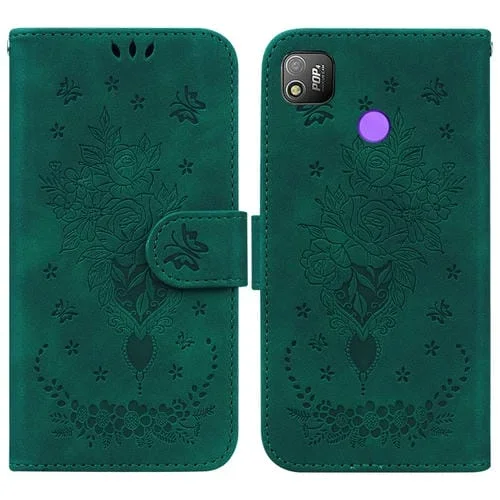 Funda para Tecno Pop 4 de Cuero con Relieve de Mariposa (Verde)
