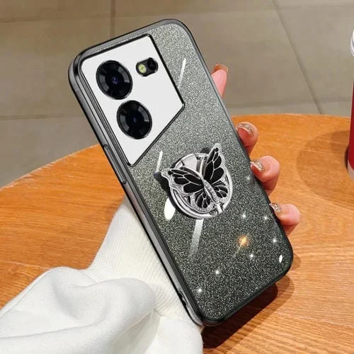 Funda para Tecno Pop 5 Pro TPU con Soporte de Mariposa y Brillo Degradado (Negro)