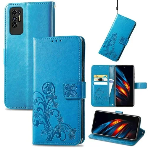 Funda para Tecno Pova 2 Cuatro Hojas con Hebilla, Protección, Ranura Tarjeta y Soporte (Azul)
