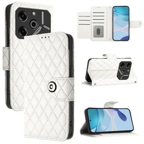 Funda para Tecno Pova 6 Pro y Pova 6 5G con Tapa de Cuero Textura Rómbica y Cordón (Blanco)