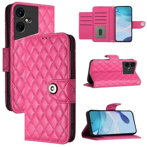 Funda para Tecno Pova Neo 3 con Tapa de Cuero Textura Rombal y Cordón (Rojo Rosa)