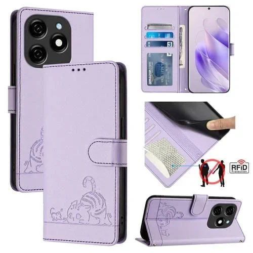 Funda para Tecno Spark 20 Cat Rat de Cuero RFID con Patrón en Relieve y Cordón (Púrpura)