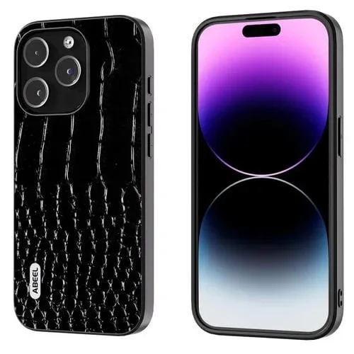 Funda para teléfono Abeel iPhone 15 Pro Max Patrón de Cocodrilo Cuero Genuino con Borde Negro (Negro)