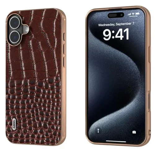 Funda para Teléfono Abeel iPhone 16 Plus Cuero Genuino Diseño Cocodrilo Marco Galvanizado (Café)