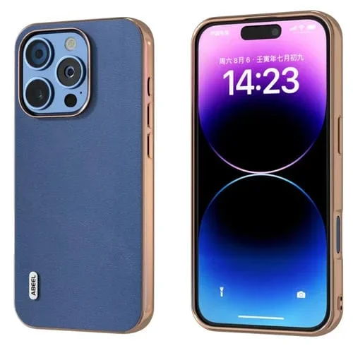 Funda para teléfono Abeel Xiaoya Cuero genuino con marco galvanizado para iPhone 16 Pro Max (Azul)