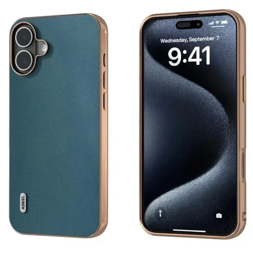 Funda para Teléfono Abeel Xiaoya Cuero Genuino Marco Galvanizado para iPhone 16 Plus (Verde Oscuro)