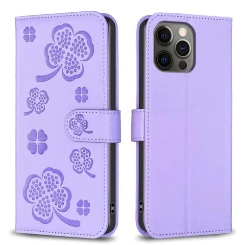 Funda para Teléfono Apple iPhone 12 Pro Max Cuero con Relieve de Cuatro Hojas (Púrpura)