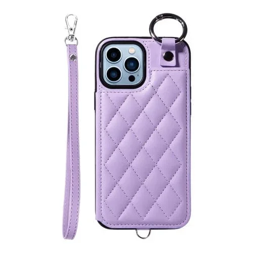 Funda para Teléfono Apple iPhone 13 Pro Max Textura Rómbica con Cordón Corto (Morado)