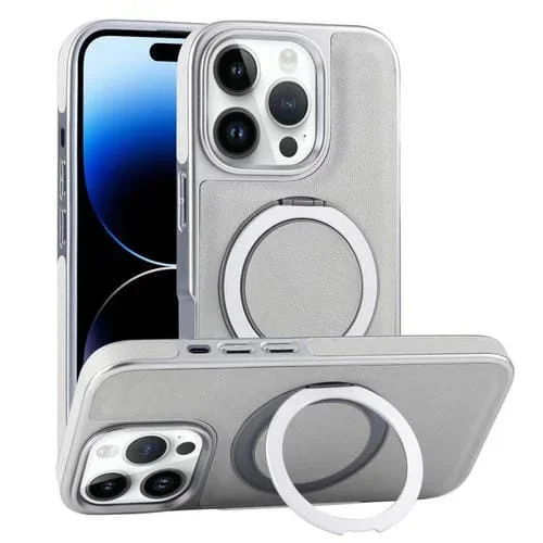 Funda para Teléfono Apple iPhone 14 Pro con Soporte Magsafe Giratorio de Cuero Granulado (Verde Grisáceo)