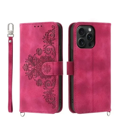 Funda para Teléfono Apple iPhone 15 Pro Max Cuero con Billetera en Relieve y Flores (Rojo Vino)
