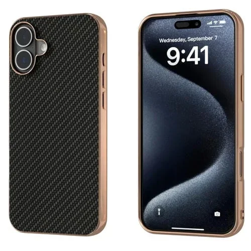 Funda para teléfono Apple iPhone 16 con textura de fibra de carbono y nano galvanoplastia (Negra)