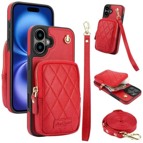 Funda para Teléfono Awquer iPhone 16 Plus Piel de Lichi Cremallera Cartera Cruzada (Rojo)