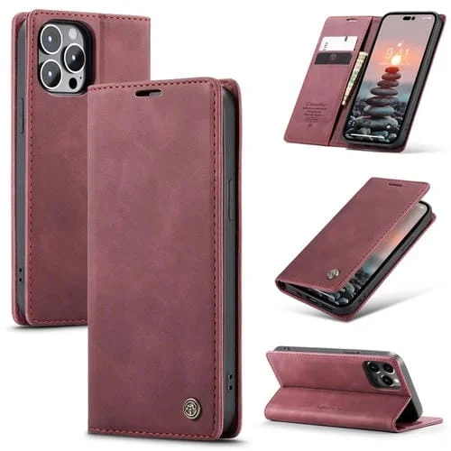 Funda para teléfono Caseme 013 iPhone 15 Pro Max Cuero Tapa Horizontal Multifuncional (Rojo Vino)