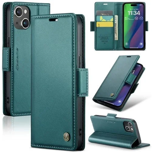 Funda para Teléfono Caseme 023 iPhone 15 Plus Cuero Antirrobo Textura Litchi Hebilla Mariposa Rfid (Azul Perlado)