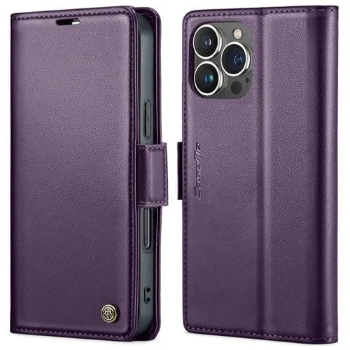Funda para Teléfono Caseme 023 para iPhone 15 Pro Max Cuero Antirrobo Textura Litchi Hebilla Mariposa Rfid (Púrpura Perlado)