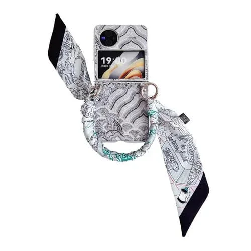 Funda para Teléfono con Cobertura Total con Bordado de Nubes Propicias para Vivo X Flip con Bufanda/Pulsera (Gris)