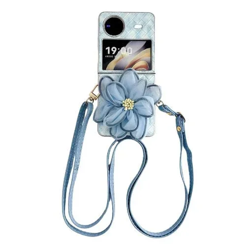Funda para Teléfono con Estampado de Flores En 3D y Tejido Colorido para Vivo X Flip con Cordón (Azul)