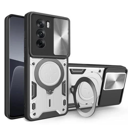 Funda para Teléfono con Soporte Magnético Deslizante con Textura de Cd para Oppo Reno12 5G (Plateada)