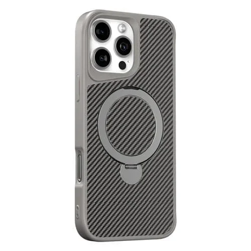Funda para Teléfono con Soporte Magsafe 360 Fibra de Carbono para iPhone 16 Pro (Gris Titanio)