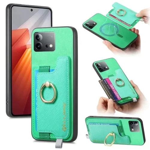 Funda para Teléfono con TaRJetero y Anillo de Cuero con Diseño Retro Magsafe Cross para Vivo Iqoo Neo8/Neo8 Pro (Verde)