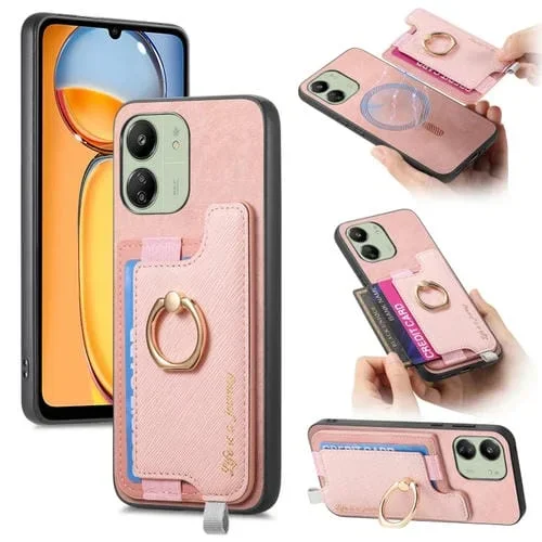 Funda para Teléfono con TaRJetero y Anillo de Cuero con Diseño Retro Magsafe para Redmi 13C / Poco C65 / M6 (Rosa)