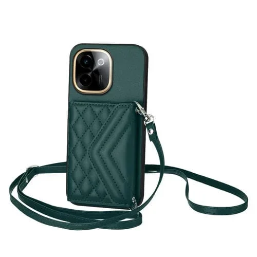 Funda para Teléfono con Textura Rombal y TaRJetero Rfid con Cordón Largo para Vivo Y200 (Verde)