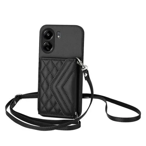 Funda para Teléfono con Textura Rómbica y Rfid para Redmi 13C 4G Global con Cordón Largo (Negro)