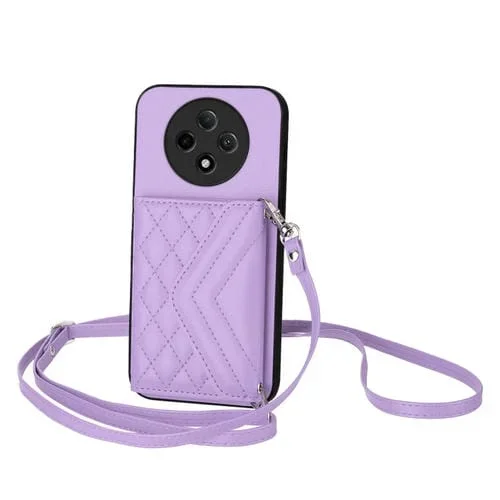Funda para Teléfono con Textura Rómbica y TaRJetero Rfid para Oppo A3 Pro 5G con Cordón Largo (Morado)