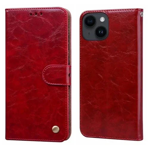 Funda para Teléfono Cuero iPhone 15 Tapa a Prueba de Golpes Textura Cera de Aceite (Rojo)