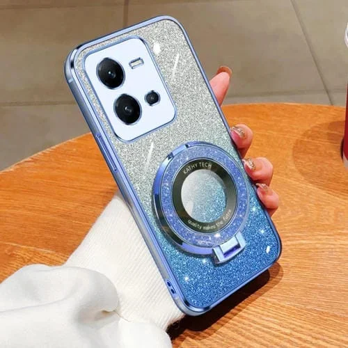 Funda para Teléfono de TPU con Soporte Redondo y Purpurina Degradada Chapada para Vivo V25 5G (Azul Sierra)