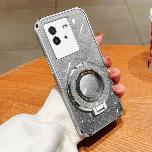 Funda para Teléfono de TPU con Soporte Redondo y Purpurina Degradada Plateada para Vivo Iqoo Neo6 (Plateada)