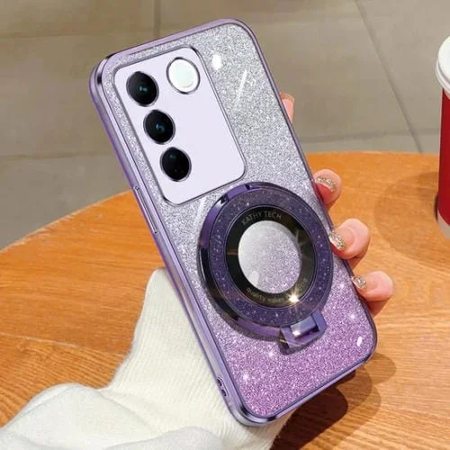 Funda para Teléfono de TPU con Soporte Redondo y Purpurina Degradada Plateada para Vivo S16/S16 Pro (Morada)