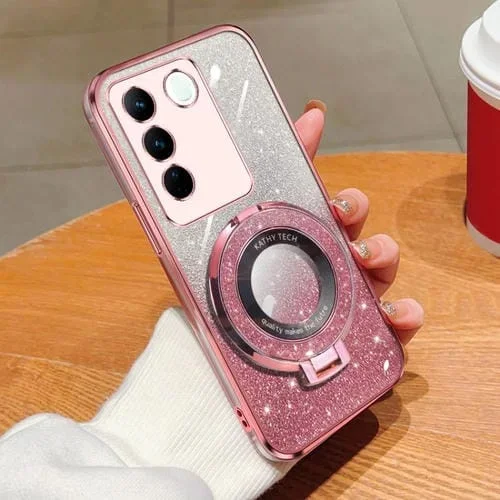 Funda para Teléfono de TPU con Soporte Redondo y Purpurina Degradada Plateada para Vivo V27/V27 Pro (Rosa)