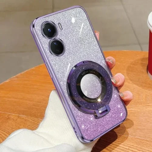 Funda para Teléfono de TPU con Soporte Redondo y Purpurina Degradada Plateada para Vivo Y16 (Morado)