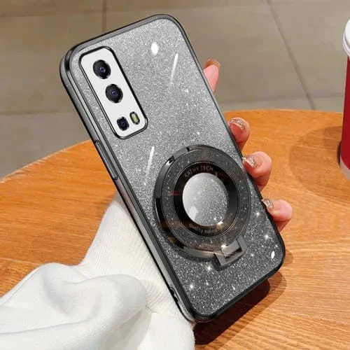 Funda para Teléfono de TPU con Soporte Redondo y Purpurina Degradada Plateada para Vivo Y72 5G / Iqoo Z3 5G (Negra)