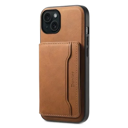 Funda para Teléfono Denior D13 para iPhone 15 Plus con Bolsa para Tarjeta Magsafe de Cuero (Marrón)