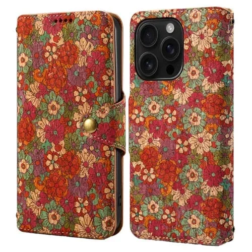 Funda para teléfono Denior Flower Language Series iPhone 16 Pro Max con borde de aceite tela corcho y cuero (Verano)