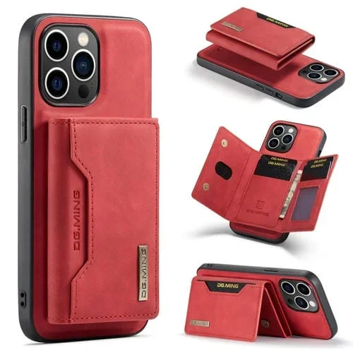 Funda para teléfono Dg.Ming M2 Series iPhone 15 Pro con bolsa para tarjetas de 3 pliegues (Rojo)